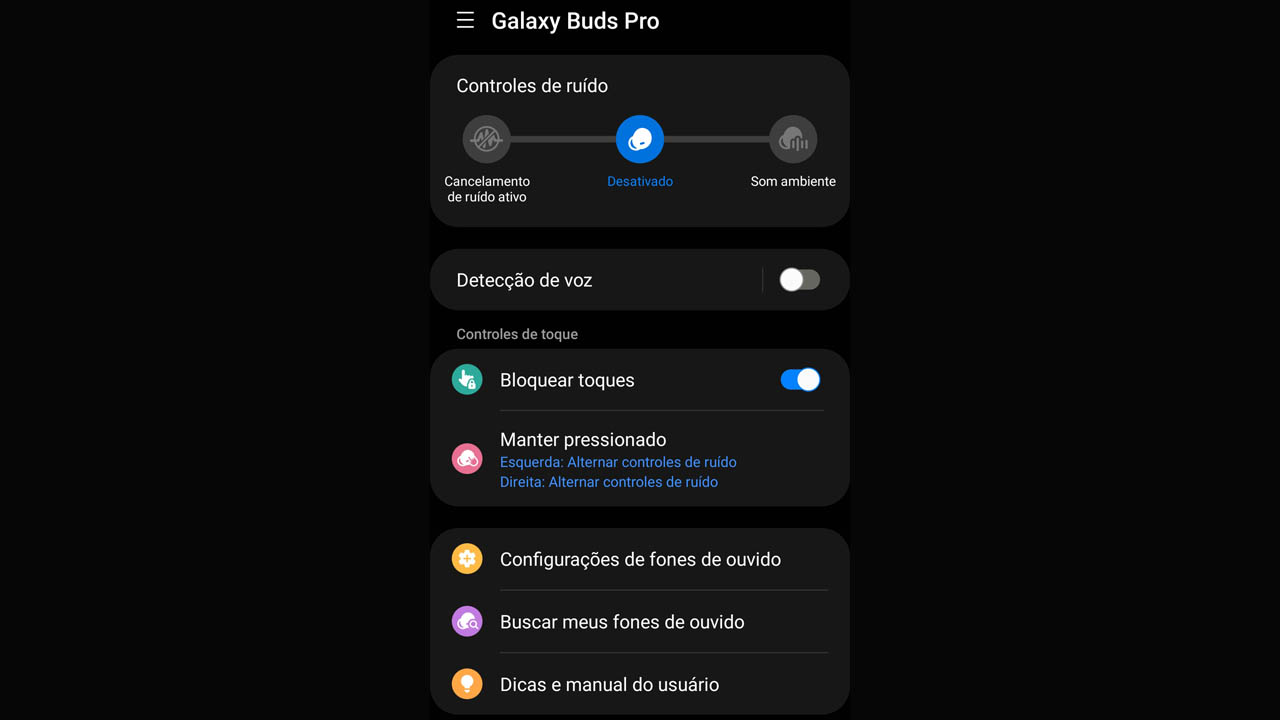 O app de configuração da Samsung é bem completo