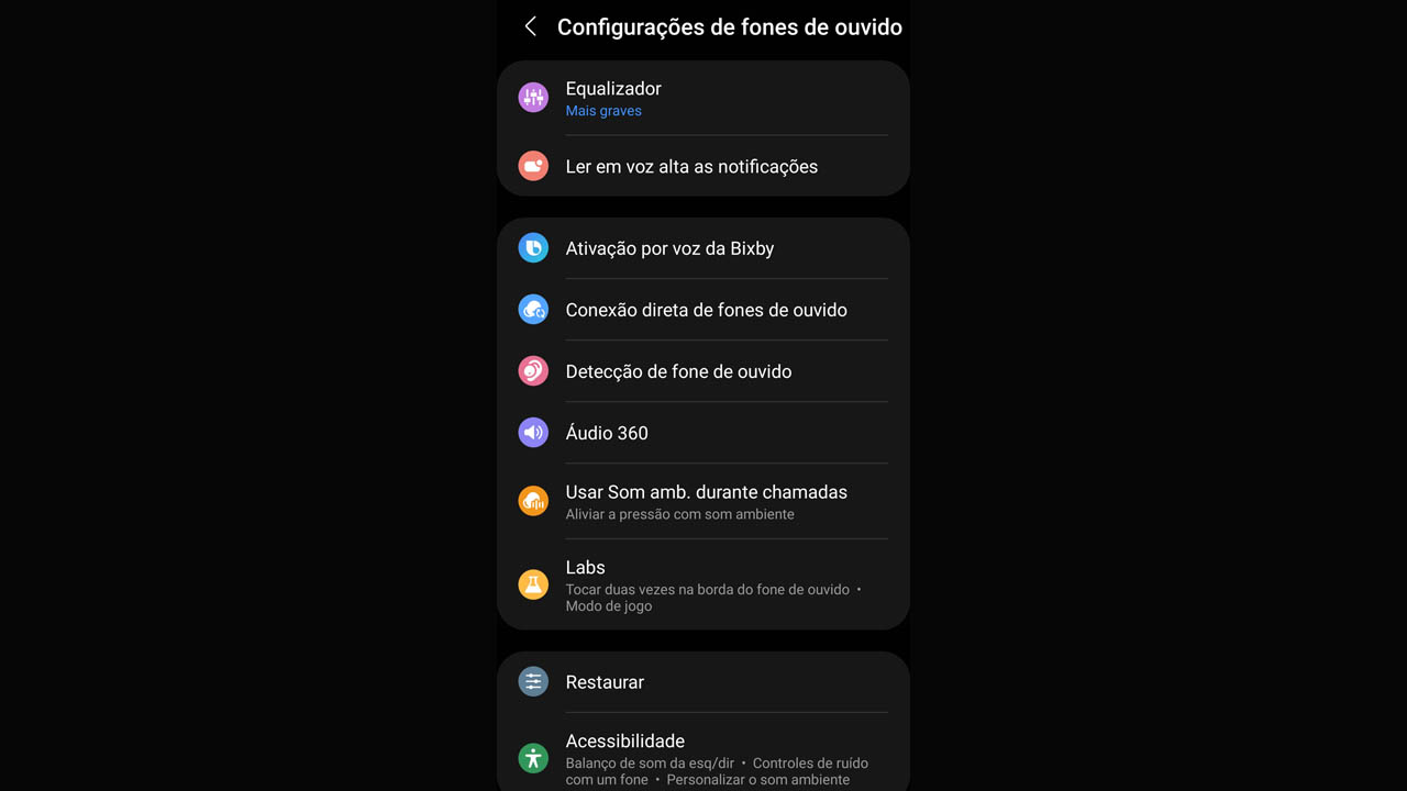 Configurações do fone via app