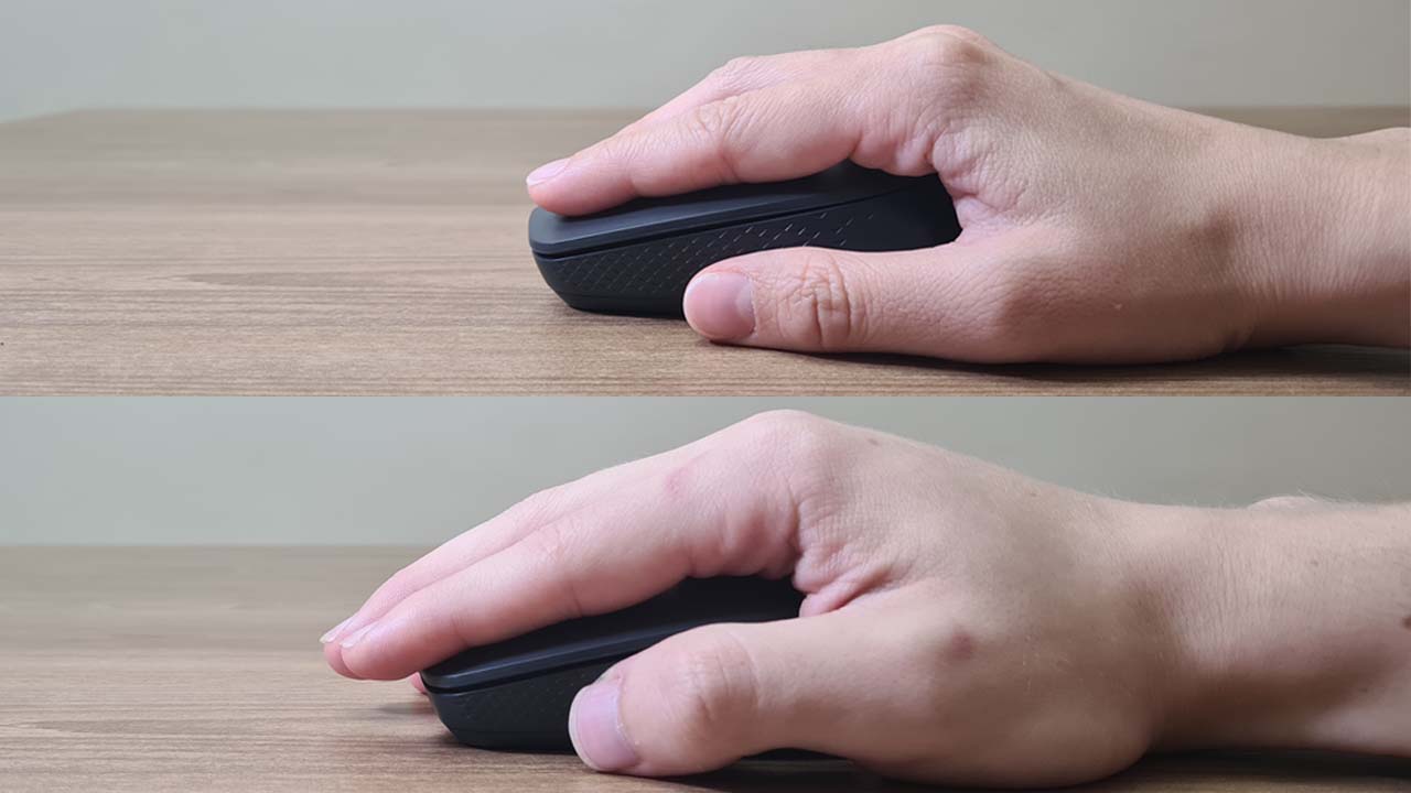 Comparação do Rapoo M100 Silent em uma mão pequena e uma mão média
