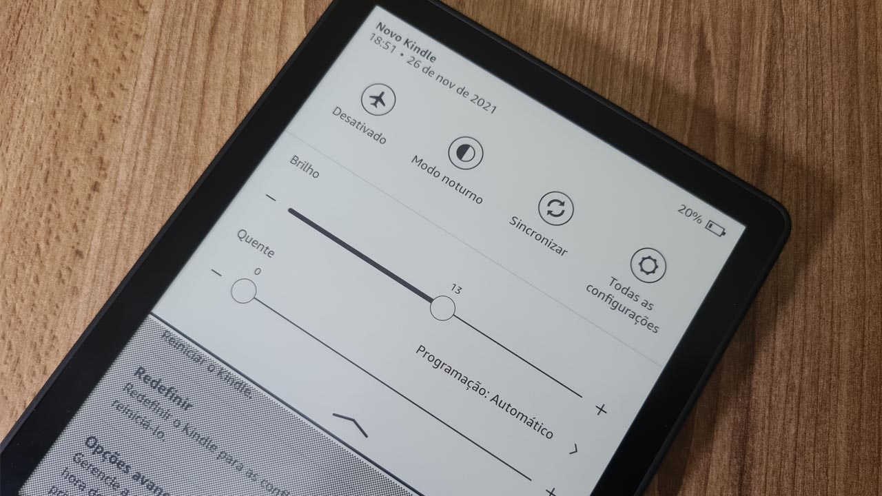 Tela de configurações rápidas do Novo Kindle Paperwhite