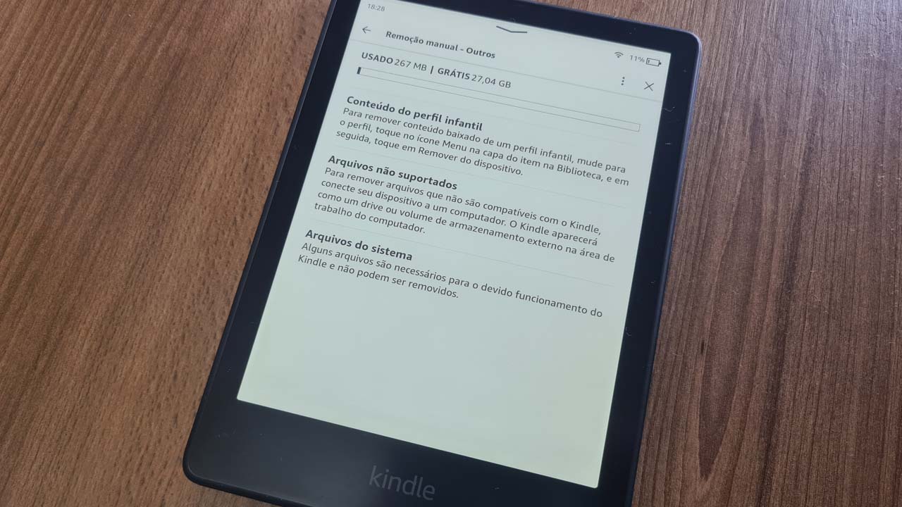 Tela de remoção manual do gerenciamento de armazenamento do Kindle Paperwhite Signature Edition