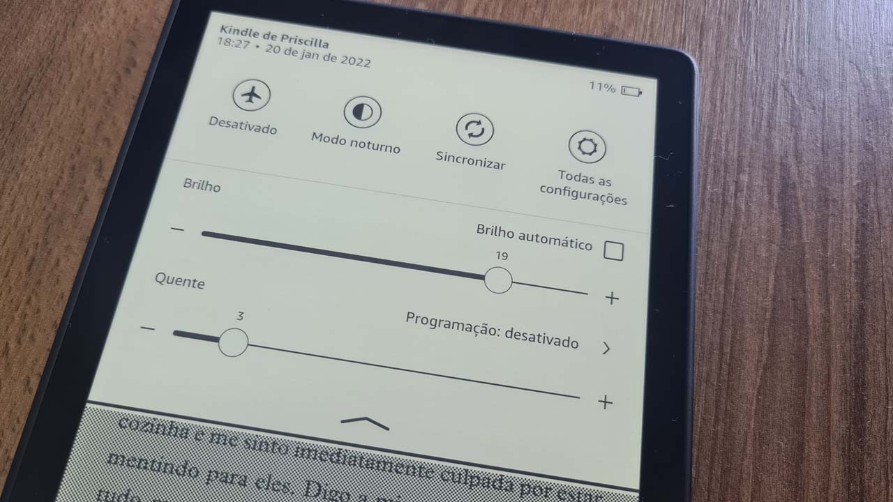 Tela de configurações rápidas do Kindle Paperwhite Signature Edition